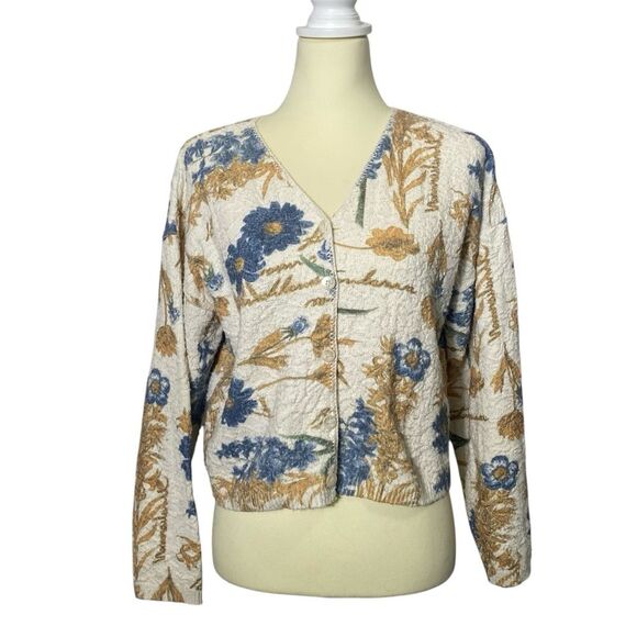 Vintage Big City Floral Crepe Button Front V-Neck Cardigan Women's Size Large - Picture 1 of 15
